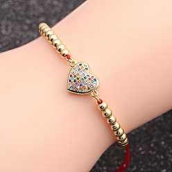 B0035 Red Rope Copper Beads + Heart 1 Copper Inlaid Zircon Heart Paw LOVE Chain Bracelet Jewelry