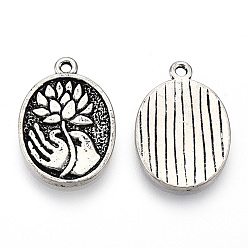 Antique Silver Tibetan Style Alloy Pendants, Cadmium Free & Lead Free, Oval with Flower and Hand, Antique Silver, 21.5x15x2mm, Hole: 1.5mm