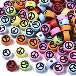 Mixed Color Opaque Acrylic Beads, with Enamel, Flat Round with Peace Sign, Mixed Color, 7x4mm, Hole: 1.6mm, about 3650pcs/500g