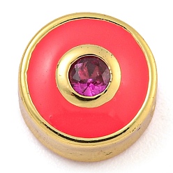 Красный Стойки обшивки латунь микро проложить кубического циркония бусы, с эмалью, без кадмия и без свинца, долговечный, реальный 18 k позолоченный, плоские круглые с сглаза, красные, 7.5x6 мм, отверстие : 1.8 мм