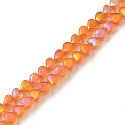 Dark Orange Electroplate Transparent Glass Beads Strands, Full Rainbow Plated, Heart, Dark Orange, 6x6.5x4mm, Hole: 0.8mm, about 113pcs/strand, 24.41 inch(62cm)