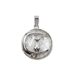 Quartz Crystal Natural Quartz Crystal Pendants, Moon Charms, with Platinum Plated Alloy Cat Shape Findings, 28x24mm