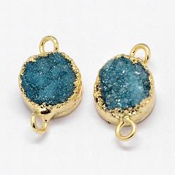 Medium Turquoise Electroplated Natural & Dyed Druzy Agate Links connectors, with Golden Plated Brass Findings, Flat Round, Medium Turquoise, 16~18x10~10.5x6~7mm, Hole: 2mm
