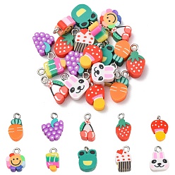 Mixed Color 20Pcs 10 Style Handmade Polymer Clay Charms, with Iron Findings, Platinum, Mixed Shape, Mixed Color, 11~18x8~12x3~5mm, Hole: 1.8~2mm, 2pcs/style