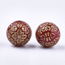 Red Plating Acrylic Beads, Metal Enlaced, Round with Flower, Red, 13.5~14mm, Hole: 1.5mm, about 325pcs/500g