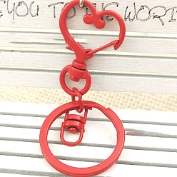 Red Alloy Swivel Keychain Clasps, with Key Rings, Heart, Red, 68mm