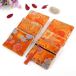Dark Orange Square Chinese Style Brocade Zipper Bags with Tassel, for Bracelet, Necklace, Random Pattern, Dark Orange, 11.5x11.5cm
