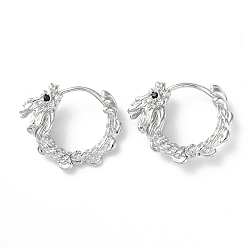 Real Platinum Plated Brass Micro Pave Cubic Zirconia Hoop Earrings, Dragon, Real Platinum Plated, 16.5x5.5mm