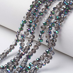 Silver Electroplate Transparent Glass Beads Strands, Half Multi-color Plated, Faceted, Rondelle, Silver, 3.5x3mm, Hole: 0.4mm, about 123~127pcs/strand, 13.7~14.1 inch(35~36cm)