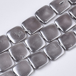 Gray Shell Pearl Beads Strands, Spray Painted, Square, Gray, 14~15x14~15x3~4mm, Hole: 0.8mm, about 25pcs/Strand, 14.96 inch