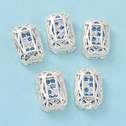 Dodger Blue Eco-friendly Brass Micro Pave Cubic Zirconia Multi-strand Links, Rack Plating, Cadmium Free & Lead Free, Rectangle Octagon, Silver Color Plated, Dodger Blue, 12x8x5mm, Hole: 1.2mm