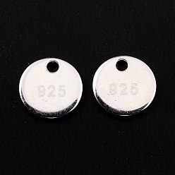 Silver 925 Sterling Silver Chain Tabs, Carved  with 925, Flat Round Charms, Silver, 6x0.7mm, Hole: 1mm