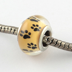 Sandy Brown Large Hole Dog Paw Prints Pattern Resin European Beads, with Silver Color Plated Brass Double Cores, Rondelle, Sandy Brown, 14x9~10mm, Hole: 5mm