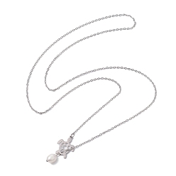 Stainless Steel Color Natural Pearl & Hollow Turtle Lariat Necklaces, with 304 Stainless Steel Cable Chains, Stainless Steel Color, 24.57 inch(62.4cm)