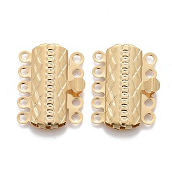 Real 24K Gold Plated 304 Stainless Steel Box Clasps, Multi-Strand Clasps, 5-Strands, 10-Holes, Rectangle with Flower, Real 24k Gold Plated, 19.5x15x3mm, Hole: 1.4mm