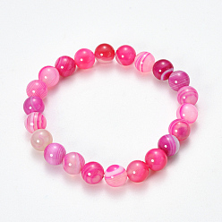 Hot Pink Natural Striped Agate/Banded Agate Beaded Stretch Bracelets, Dyed, Round, Hot Pink, 2-1/8 inch(55mm)