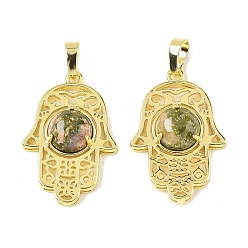 Унакит Природные подвески Unakite, латунные полые хамса ручные амулеты, стойки покрытие, без кадмия и без свинца, золотые, 33x22x6.5 мм, отверстие : 7.5x5 мм