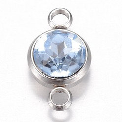 Light Sapphire Glass Links connectors, Faceted, with 304 Stainless Steel Findings, Flat Round, Stainless Steel Color, Light Sapphire, 17.5x10x6.5mm, Hole: 2.5mm
