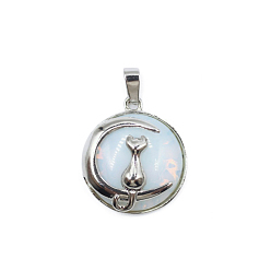 Opalite Opalite Pendants, Moon Charms, with Platinum Plated Alloy Cat Shape Findings, 28x24mm