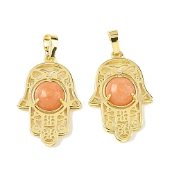 Красный Авантюрин Натуральный красный авантюрин подвески, латунные полые хамса ручные амулеты, стойки покрытие, без кадмия и без свинца, золотые, 33x22x6.5 мм, отверстие : 7.5x5 мм