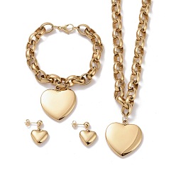Golden 304 Stainless Steel Jewelry Sets, Pendant Necklaces & Charm Bracelets & Stud Earrings, Heart, Golden, 17.72 inch(45cm), 8-1/4  inch(210mm), 16mm, Pin: 0.8mm
