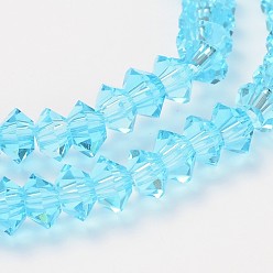 Deep Sky Blue Faceted Bicone Transparent Glass Bead Strands, Deep Sky Blue, 5x3mm, Hole: 1mm, about 99pcs/strand, 11.8 inch