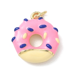 Pink Латунь эмаль подвески, подвески-пончики с соединительными кольцами, стойки покрытие, без кадмия и без свинца, долговечный, реальный 18 k позолоченный, розовые, 18.5x16.5x4.5 мм, отверстие : 3.5 мм