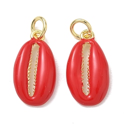 Red Brass Enamel Pendants, Shell Shape Charms, Cadmium Free & Lead Free, Rack Plating, Long-Lasting Plated, Real 18K Gold Plated, Red, 17x9x2.5mm, Hole: 3.5mm