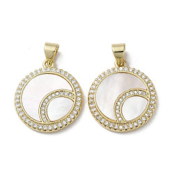 Moon Brass Micro Pave Cubic Zirconia Pendants, with Shell, Flat Round, Real 18K Gold Plated, Moon, 20.5~21x18x2.5~3mm, Hole: 3.5x4mm