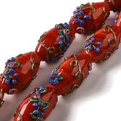 Red Handmade Lampwork Beads, Rice wit Flower, Red, 23x12~13mm, Hole: 1.6mm