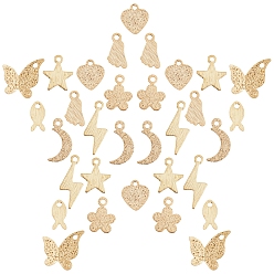 Real 24K Gold Plated 32Pcs 8 Style Brass Charms, Flower & Star & Foot & Lightning & Moon & Heart & Butterfly & Fish, Real 24K Gold Plated, 4pcs/style