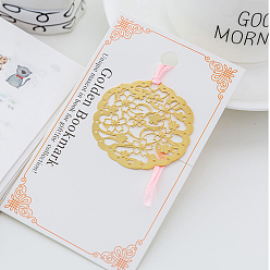 Round Metal Sakura Bookmarks with Pink Ribbon, Golden Brass Hollow Bookmark Gift for Book Lovers, Teachers, Reader, Round Pattern, 110x60mm
