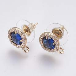 Blue Faceted Glass Stud Earring Findings, with Loop, Brass Micro Pave Cubic Zirconia Findings, Flat Round, Light Gold, Blue, 12x9x4mm, Hole: 1.2mm, Pin: 0.8mm