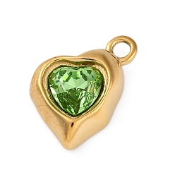 Перидот 304 подвески из нержавеющей стали с подвесками из стразов, ионное покрытие (ip), сердце, реальный 14 k позолоченный, перидот, 15x11.5x4 мм, отверстие : 1.8 мм