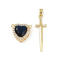 Морской Синий Комплекты подвесок из латунного микропаве из кубического циркония, подвески меч и сердце, со стеклом, долговечный, без кадмия и без свинца, стойки покрытие, реальный 18 k позолоченный, Marine Blue, Сердце: 14.5x17x9 mm, отверстие : 1.2 мм