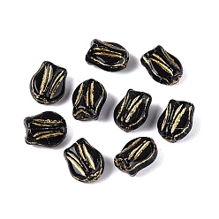 Черный Стеклянные бусины, тюльпан, золотой металл обвитыми, чёрные, 8.5~9x7~7.5x5 мм, отверстие : 0.9~1 мм