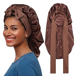 Saddle Brown Satin Bonnet Hair Bonnet With Tie Band For Sleeping, Reusable Adjusting Hair Care Wrap Cap Sleep Caps, Saddle Brown, 680x290mm