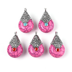 Ярко-Розовый Подвески из смолы в тибетском стиле, со сплавом и эмалью, слеза, античное серебро, ярко-розовый, 26.5~28x16x13~14 мм, отверстие : 2.5 мм