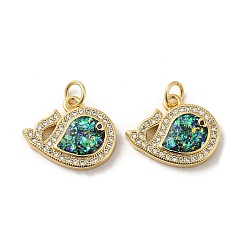 Green Rack Plating Brass Micro Pave Cubic Zirconia with Synthetic Opal Pendants, with Jump Ring, Lead Free & Cadmium Free, Long-Lasting Plated, Fish, Real 18K Gold Plated, Green, 18x15x3.5mm