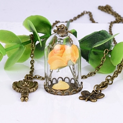 Gold Butterfly & Key & Glass Dried Flower Wishing Bottle Pendant Necklace, with Antique Bronze Alloy Cable Chains, Gold, 33.46 inch(85cm)