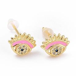 Pink Cubic Zirconia Evil Eye Stud Earrings with Enamel, Gold Plated Brass Jewelry for Women, Cadmium Free & Lead Free, Pink, 7.5x10mm, Pin: 0.8mm