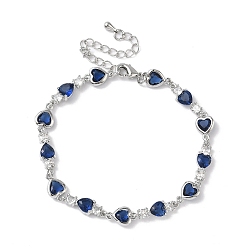 Темно-Синий Браслеты из кубического циркония в форме сердца, украшения из латуни для женщин, реальный 18 k позолоченный, Реальная платина, темно-синий, 7 дюйм (17.9 см)