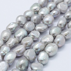 Silver Natural Cultured Freshwater Pearl Beads Strands, Dyed, Potato, Silver, 10~15x9.5~11x6.5~10mm, Hole: 0.2mm, about 32pcs/strand, 14.1 inch