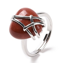 Красный Камень Регулируемое кольцо в форме сердца из натуральной красной яшмы, украшения из латунной проволоки для женщин, без кадмия и без свинца, размер США 7 1/4~13 (17.5~22.3 мм)