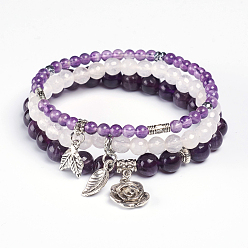 Amethyst Natural Amethyst Stretch Charm Bracelet Sets, with Non-magnetic Synthetic Hematite Beads and Antique Silver Plated Alloy Findings, 2-1/8 inch~2-3/8 inch(5.45~6cm), 3pcs/set