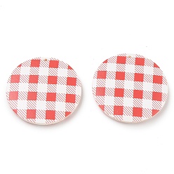 Red Schima Wood Double-faced Printed Pendants, Flat Round with Tartan Pattern Charms, Red, 39.5~40x5~5.5mm, Hole: 1.6mm