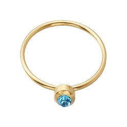 Deep Sky Blue Glass Flat Round Finger Ring, Golden Stainless Steel Ring, Deep Sky Blue, Inner Diameter: 18.2mm