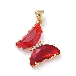 Red Brass Micro Pave Clear Cubic Zirconia Pendants, with Glass, Butterfly, Golden, Red, 24x21.5x4mm