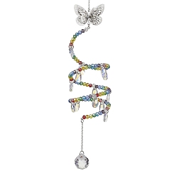 Stainless Steel Color Butterfly Brass & 304 Stainless Steel Hanging Suncatchers, with Glass Pendants and Beads, Stainless Steel Color, 330mm, Hole: 8mm