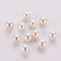 White Natural Cultured Freshwater Pearl Beads, Round, Polished, Half Drilled, White, 8~8.5mm, Hole: 0.8mm